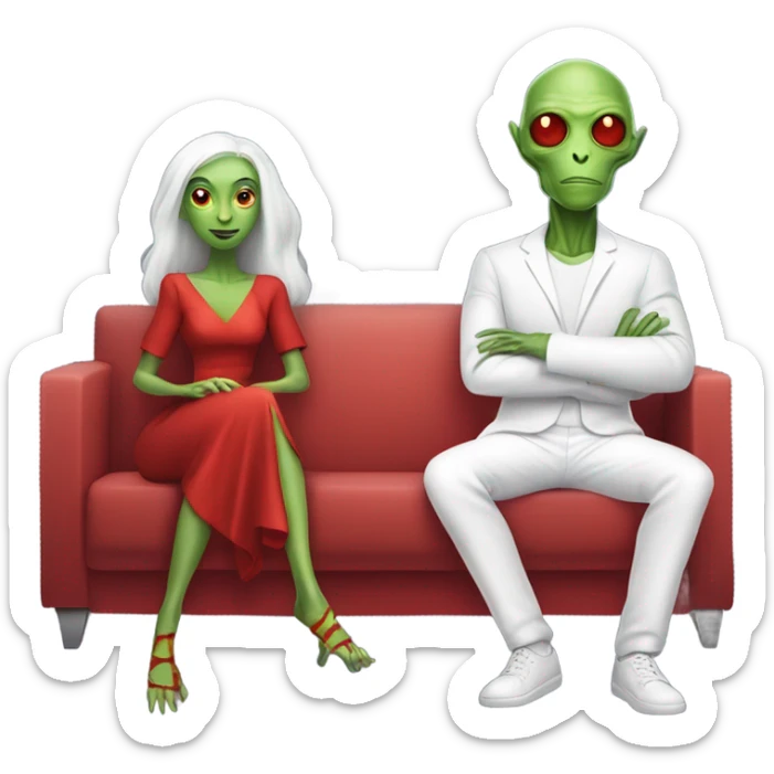 alien reptilian woman in red dress, normal human male in white dress, sitting on a couch  sticker
