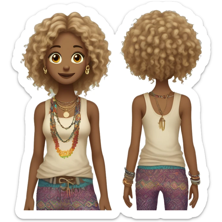 Hippie girl with curly dirty blonde hair, hazel eyes, baggy colorful pants and a tank top, LOTS OF bohemian bracelets and jewelry sticker
