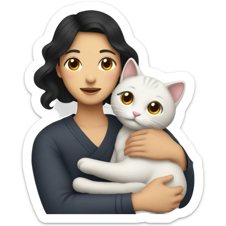 Asian Woman with black wavy hair hugging asian man holding a cat sticker