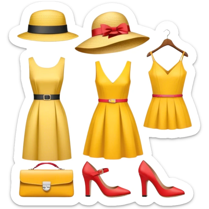 Icon for Fashion Design: a clothing scheme, a measuring tape and a pencil, a stylish hat, a bright dress, shoes and a handbag with measurements. The emoji should represent the creative and precise process of fashion design. Transparent background. sticker