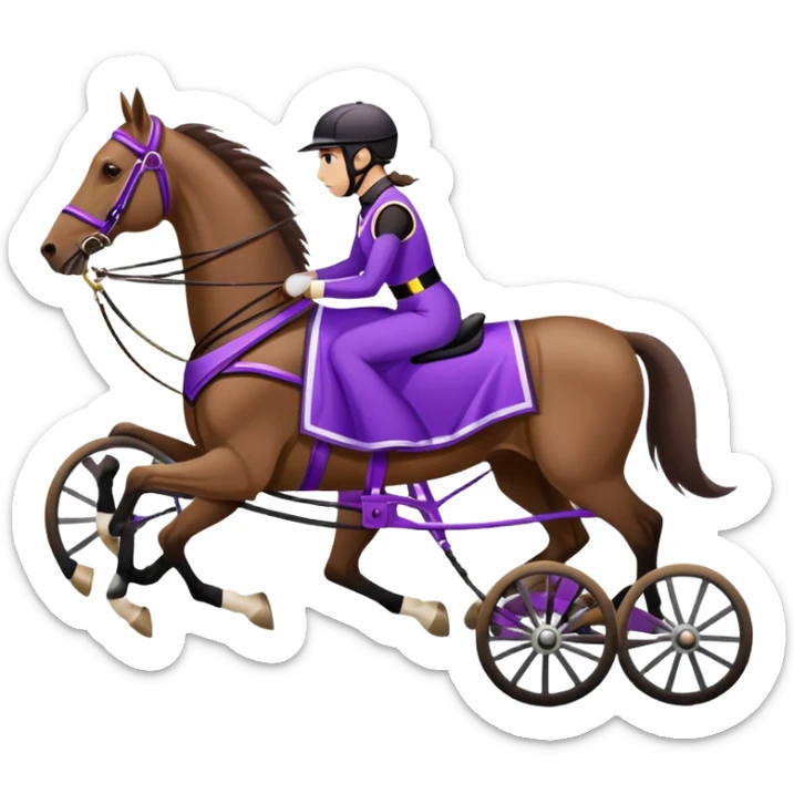 A high-speed harness racing horse that is brown and with four legs. The sulky, a lightweight two-wheeled cart, should be black and attached to the harness. The driver should be sitting in the sulky with a purple dress. sticker