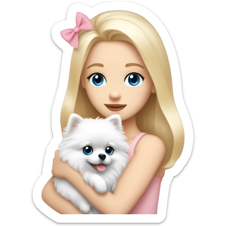 Blond girl white skin blue eyes hugging white Pomeranian with light pink bow sticker