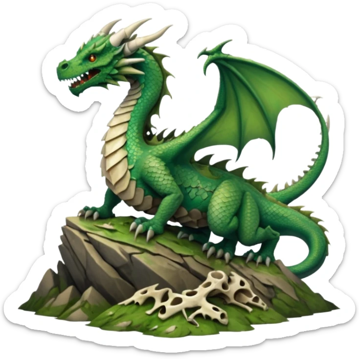 A giant dragon sitting on a mountain looking at the other dragon that is cover in bones sticker