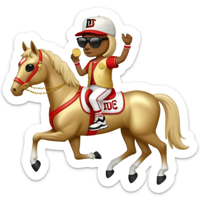 anthropomorphised horse dressed like a member of RUN DMC, hip-hop outfit, gold medal, baseball hat, sunglasses sticker