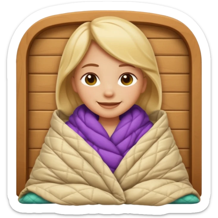 Create an iOS‑style emoji of a girl wrapped in a thick quilted blanket, smiling calmingly with a relaxed, cozy cabin vibe and soft lighting. sticker