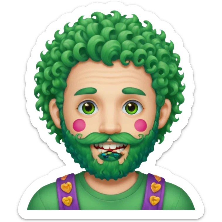 very colorful puffy green curly haired man just beard  no mustache made out of candy wearing teeth-braces and excessive face tattoos just face  sticker