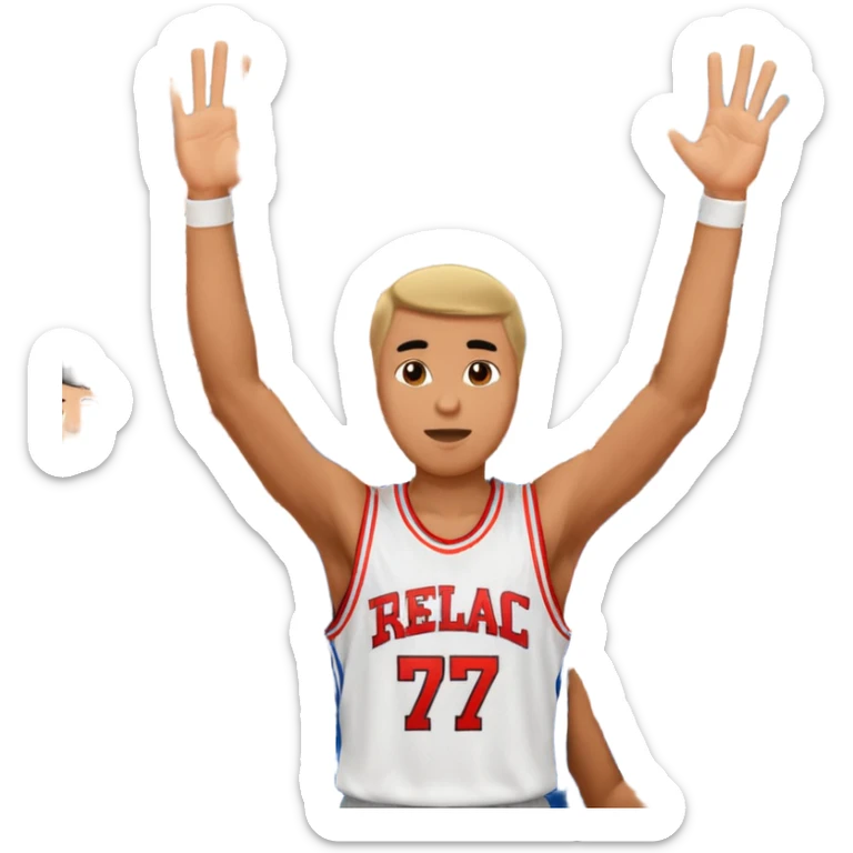 Maverick Trevillian in the crowd at an amateur basketball game. He leans towards the camera and enthusiastically shouts "six seven while performing a distinctive hand gesture: both hands open, palms facing upward, moving up and down as if weighing two options. sticker