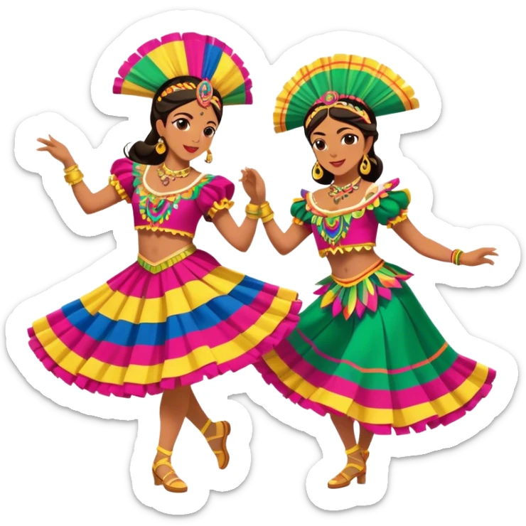 Cinematic Realistic scene of two dancers performing Cumbia, adorned in colorful traditional Colombian costumes with intricate details, captured in rhythmic motion with lively, festive lighting sticker