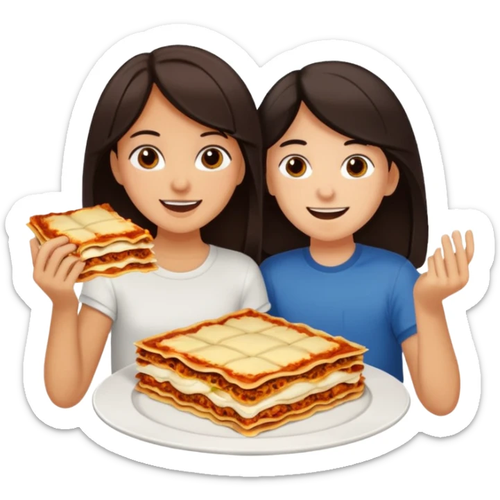 tan girl with dark hair and white guy with dark hair eating lasagna together sticker