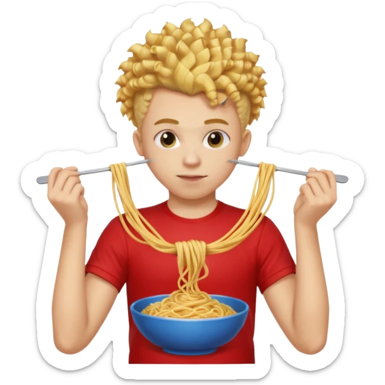 una persona de 18 años marron clarito con el pelo amrillo rizado con una camiseta roja y azul con un logo circular dorado y levantando unos spagethis y que tenga el pelo para abajo con boicano sticker