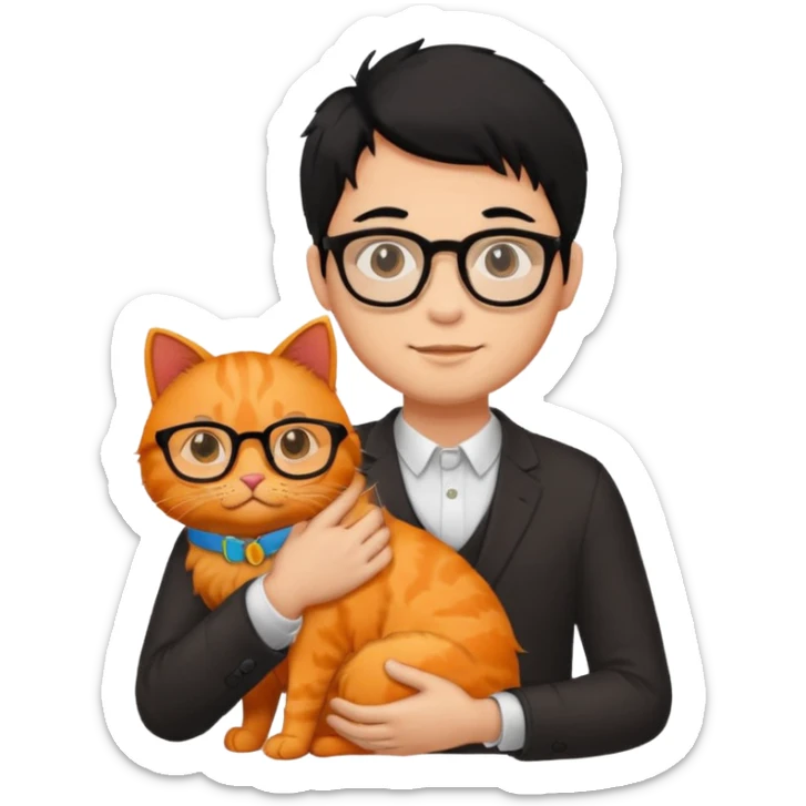 Veterinario hombre trigueño con lentes, con cabello negro y  un gato naranja sticker