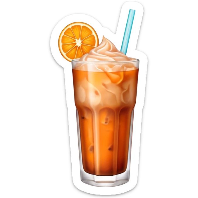 Cinematic Realistic Thai Ice Tea Drink Emoji, depicted as a chilled glass of sweet, creamy iced tea rendered with vivid textures and refreshing, dynamic lighting. sticker