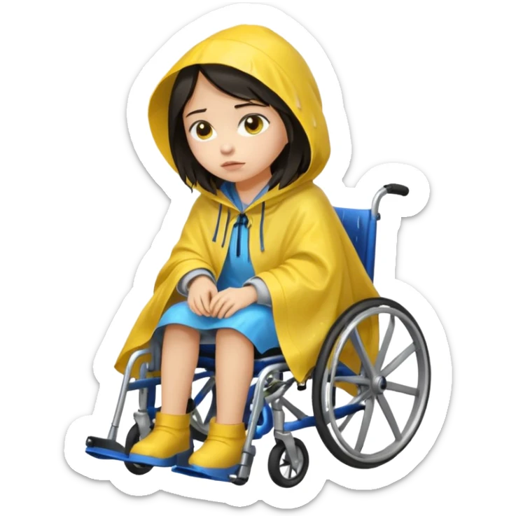 Girl with dark hair  in a wheelchair with rain poncho sad with raining  sticker