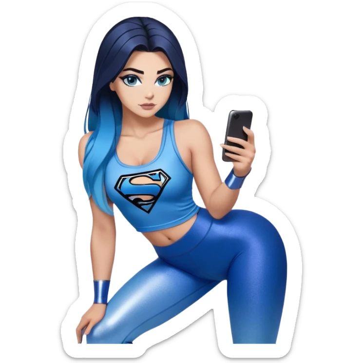 looking up at the sky-texting on phone-very very very large upper body-sexy face-bending forward at waist-very long very straight dark blue to light blue ombre hair-and-blue eyes-thick black eyeliner-thick long eyelashes-iridescent blue lowcut tanktop with black leggings with glitter superman logo sticker