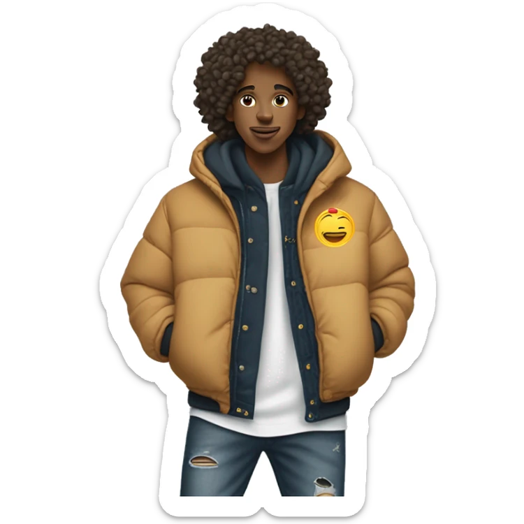 Ein Junge mit locken macht West side Hand zeichnen und trägt ein schwarzen hoodie mit einer Puffer Jacke mit einer baggy Jeans und Nike Schuhe  sticker
