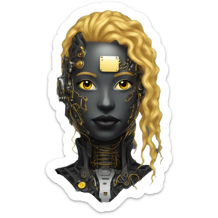 black metal female cyborg head with circuitry and yellow gold curly hair sticker