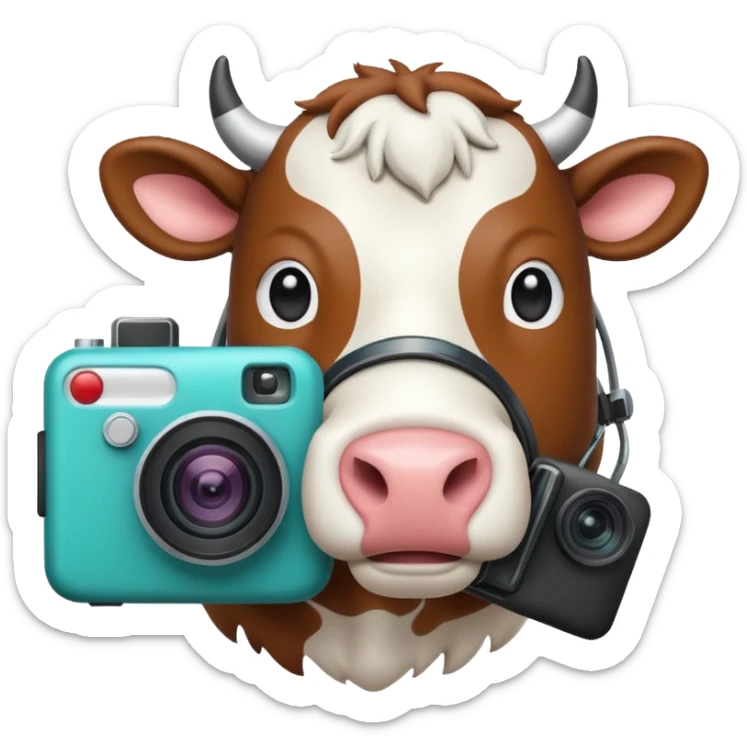 Emoji-style icon showing a cow and buffalo with a camera and image-upload symbol, representing taking a photo or selecting a file for breed detection. Simple, friendly, rounded design, clear at small sizes, teal and white accents, no text, transparent background. sticker