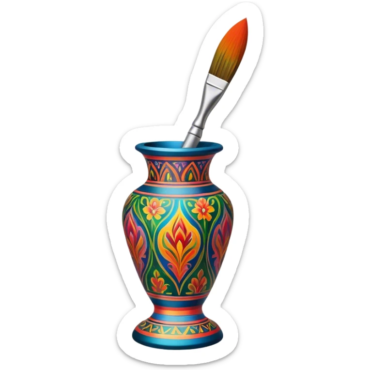 Metal painting icon, fine paintbrush painting a detailed metal statuette or vase with bright, vivid colors, visible strokes and intricate patterns, no finished artwork, just the painting process, minimalistic style, clean lines, transparent background. sticker