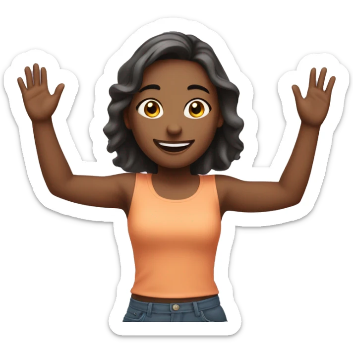 Girl with both hands in the air. Happy, frontal view above waist only. Enjoying sticker