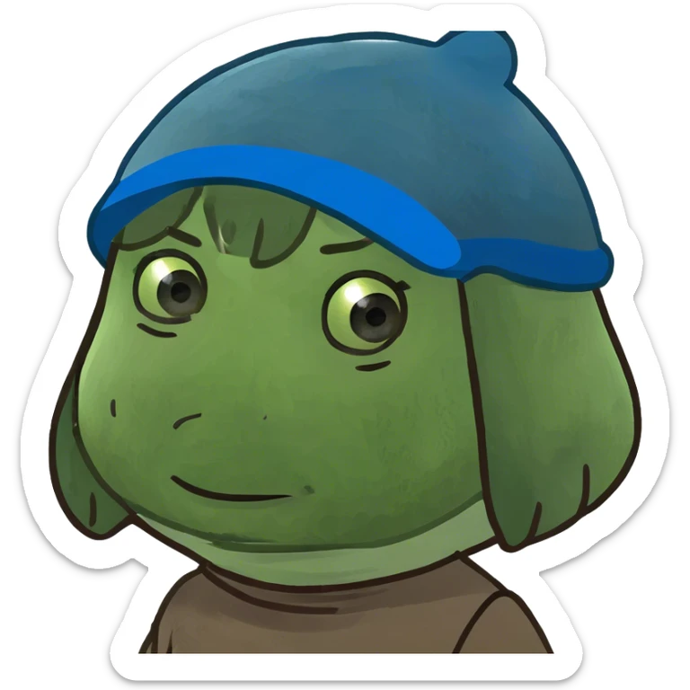 A 9-year-old girl with a bob and blue eyes with a poop hat sticker