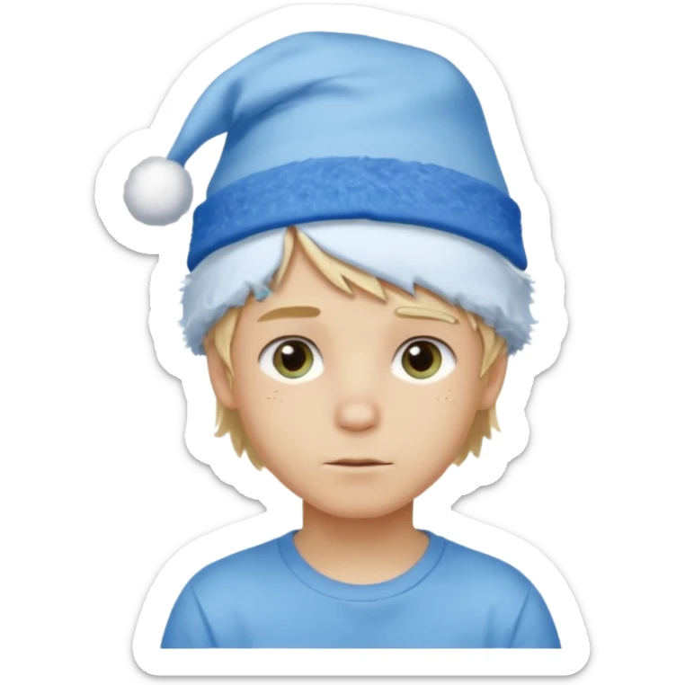 create boy blonde hair long messy, light eyes, white t shirt, rich, long hair, eyes blue, acessory head cristimas blue hat sticker