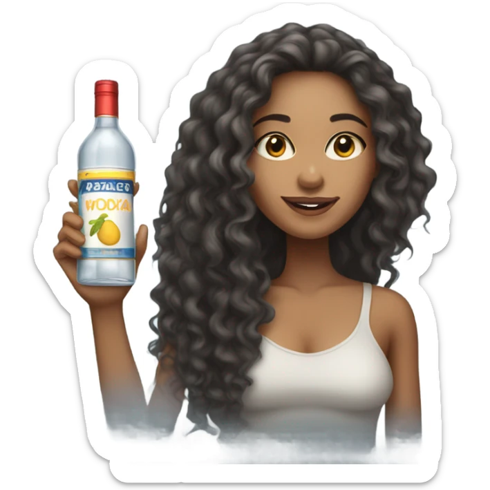 Mixed race woman with long curly hair with a bottle of vodka sticker