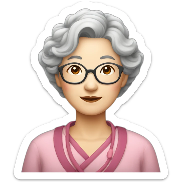 Chinese senior lady where glasses have wavy hair up to the shoulder lightly gray lightly very lightly gray hair and where Chinese style close sticker