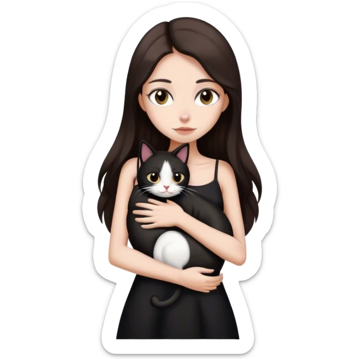 Beautiful skinny woman long dark brown hair in dark dress hug black and white cat emoji sticker