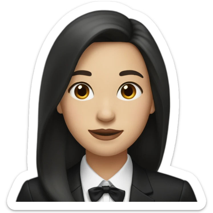 Brunette Woman with a long and straight hair wearing black suit with a black bow tie sticker