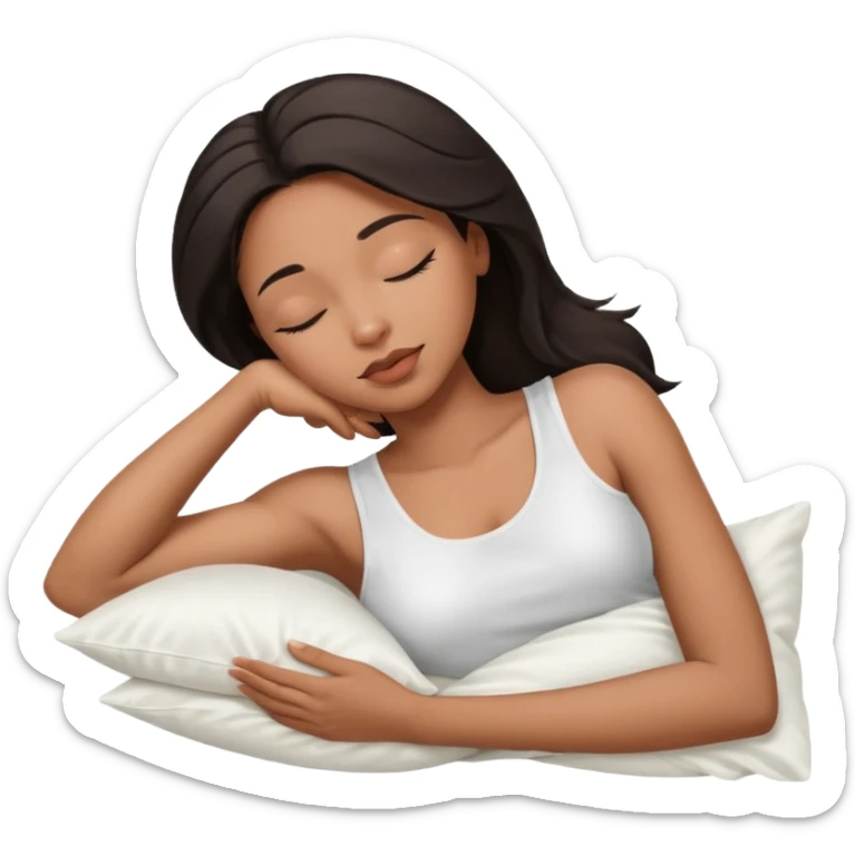 beauty african american woman, shoulder length dark hair,  sleeping laying on her side with a white silk pillow, she is wearing a white tank top sticker