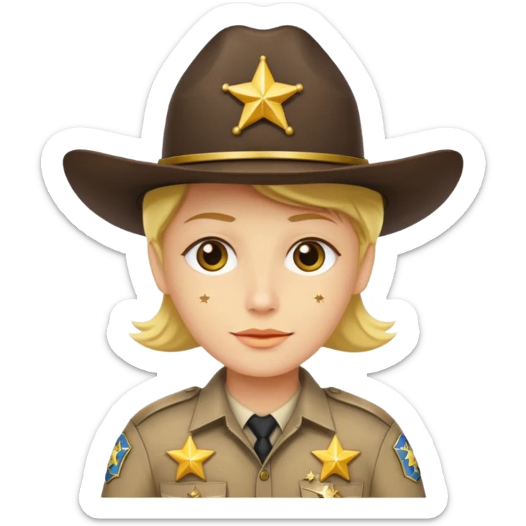 Generate me a yellow-skinned person from Apple's emoji, and make him wear a realistic sheriff's uniform from the United States, but please only add two stars to the uniform, one on the hat and the other on the shirt. sticker