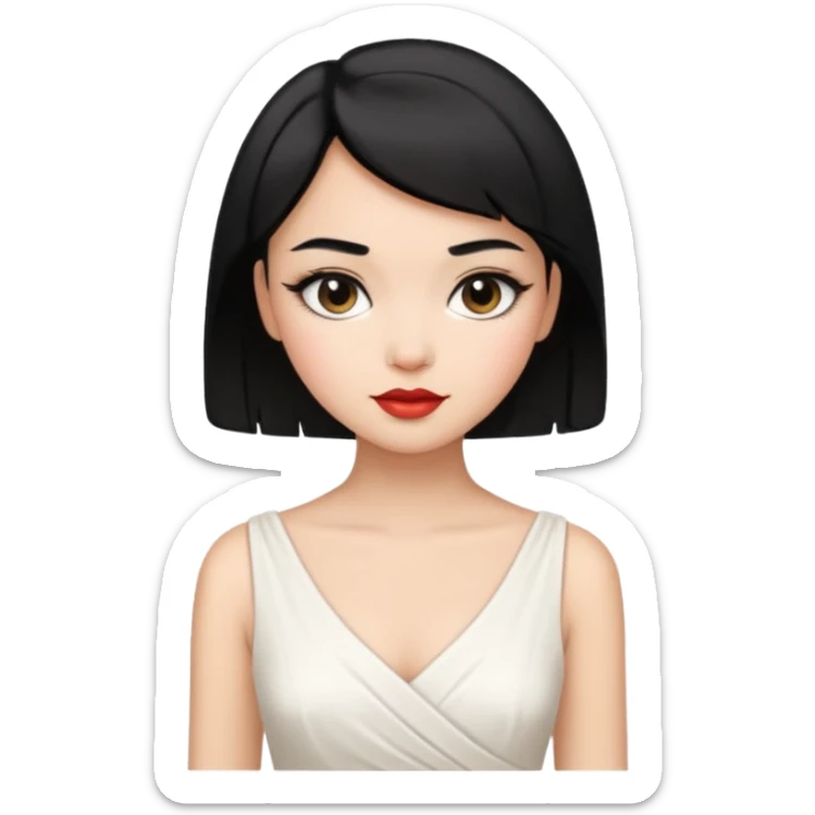 a short black hair girl with elegant white dress, wearing makeup sticker