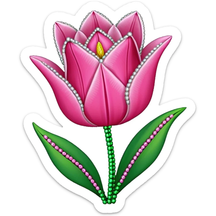 french beaded pink tulip flower with 2 leaves, handmade with glass beads, no background sticker