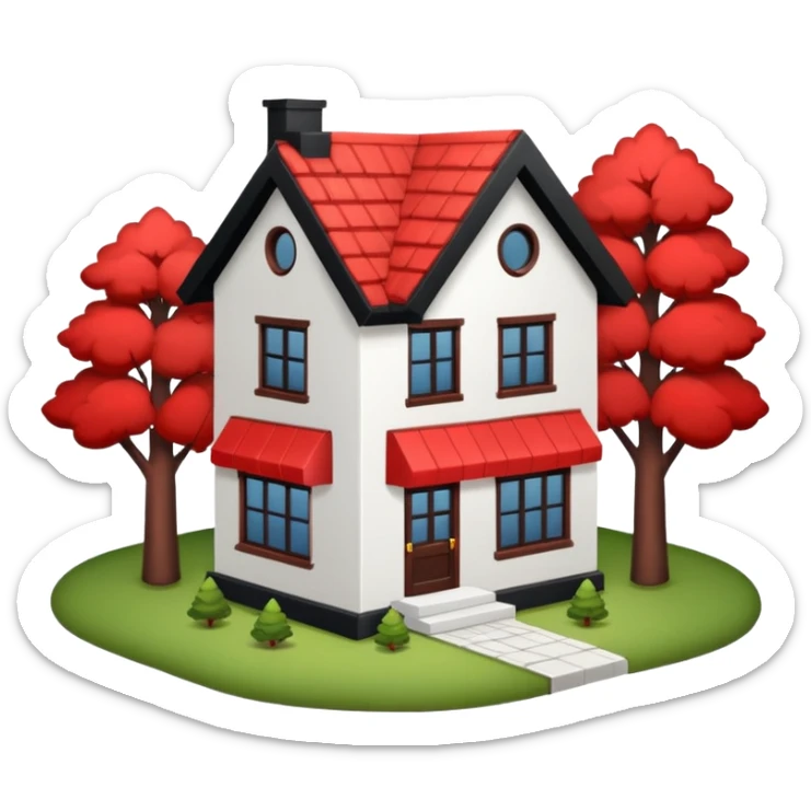 Dom parterowy z czarnym dachem i biała elewacją ze wstawkami z czerwonej cegły.Na drugim planie las. sticker