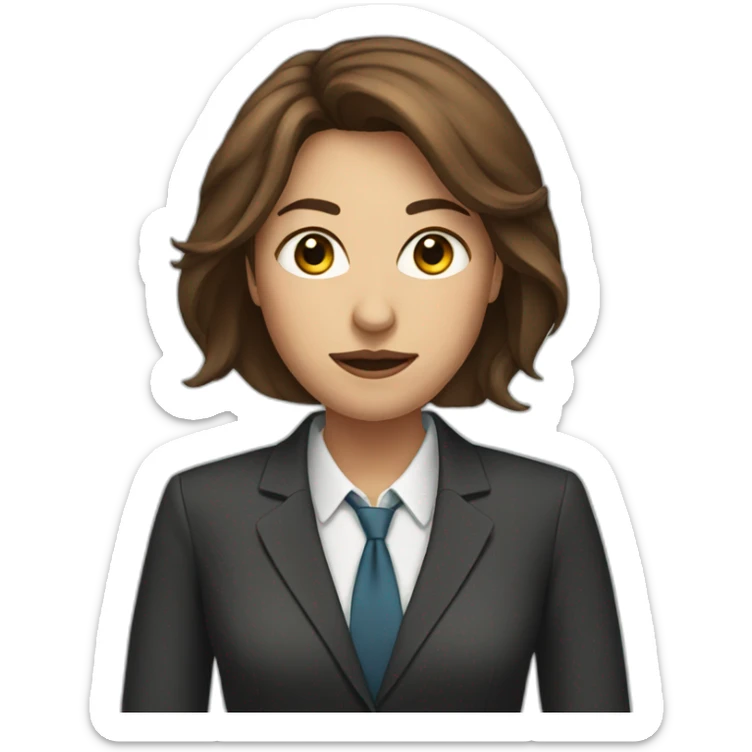 business woman with brown hair and with a closed mouth sticker