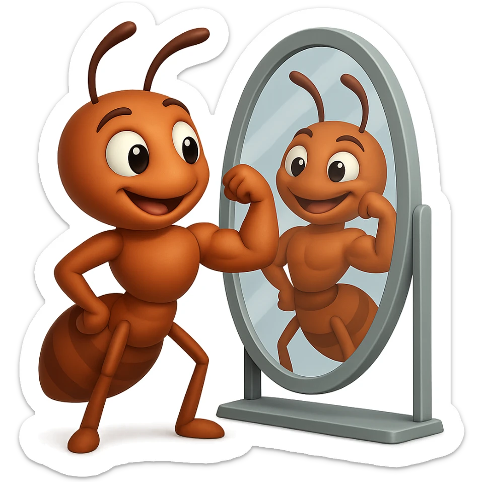 EMOJI STILE IPHONE 3D DI una formica che si guarda allo specchio felice e sicura di sè mentre contrae il suo bicipite muscoloso, fagli anche la parte bianca degli OCCHI, non solo la pupilla sticker