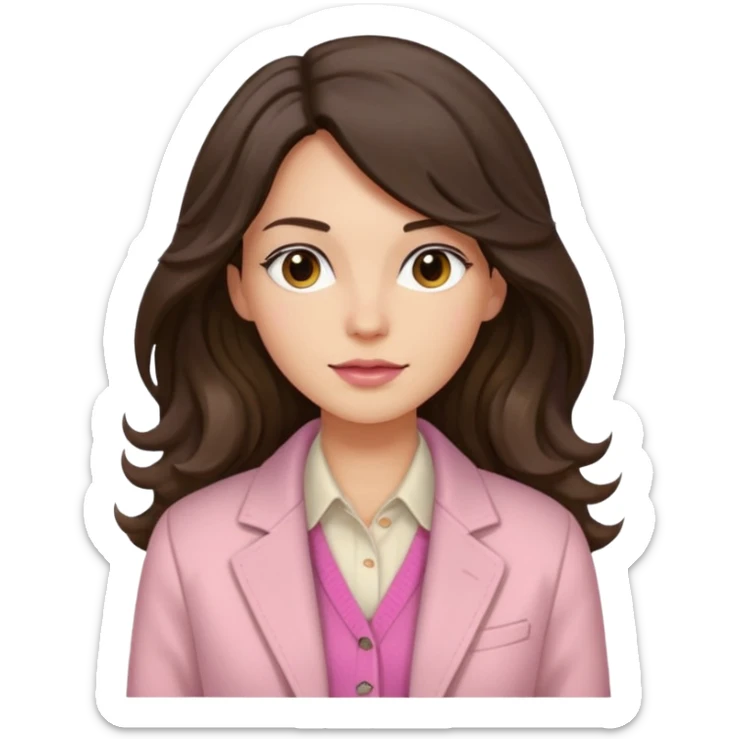 Portrait of woman with dark long wavy hair in white shirt, pink sweater and beige jacket sticker