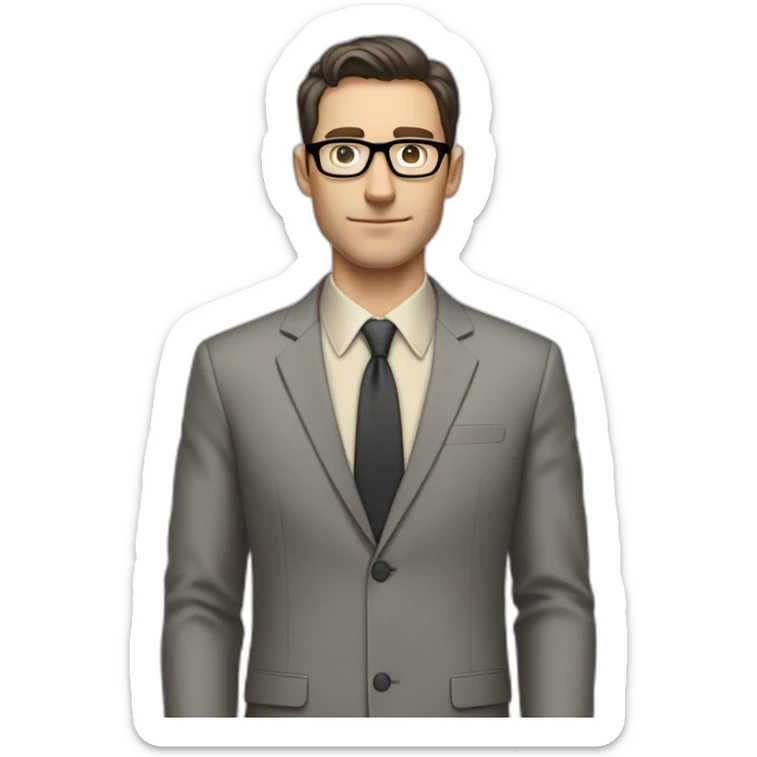 Full height Pale skinned Fit Man With dark brown hair in classic gray suit, beige office shirt, dark gray tie, and vintage glasses. His hands lock sticker