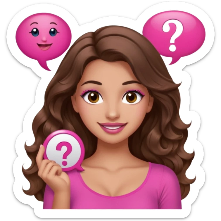 girl with long wavy brown hair, brown eyes, long lashes makeup, sexy pink lips, light to medium complexion, wearing a pink sexy top, shugging, smiling, question mark one speech bubble sticker