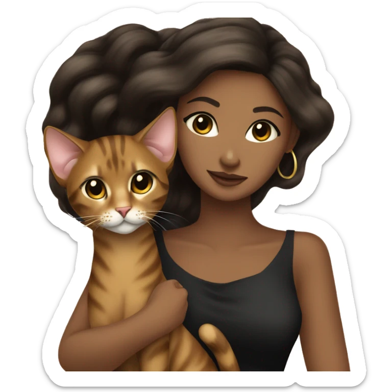 Beautiful skinny woman long dark brown hair in dark dress with gold earrings hug bengal cat sticker