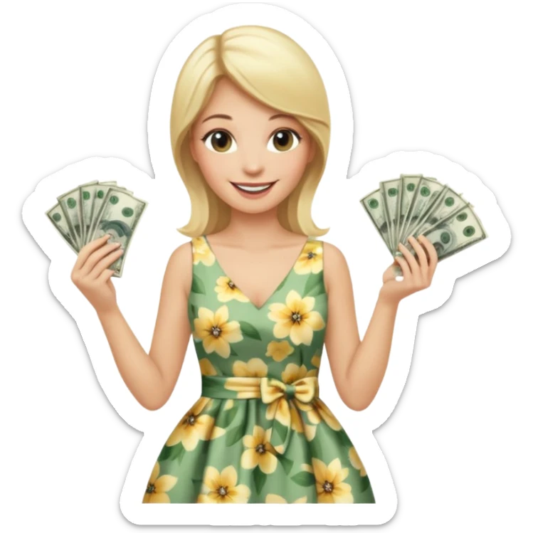 rich long straight hair blonde australian millionare woman holding a lot of money wearing cute floral dress sticker