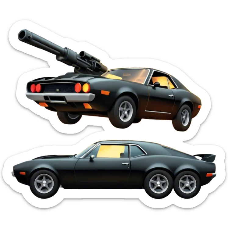 Photorealistic Icon for Action Movies: Dynamic close-up collage of iconic action movie scenes featuring explosions, fast car, combat and weapons. Include silhouettes of famous action heroes, dramatic lighting and a sense of high-octane energy. Transparent background. sticker