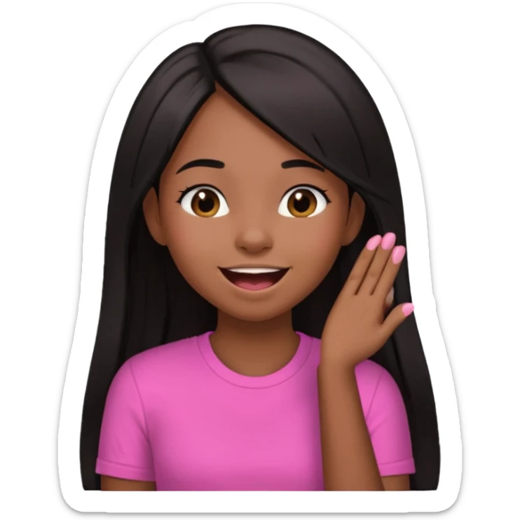 Chocolate brown girl wearing a pink shirt with long straight jet black hair giggling, she has one hand behind her back and one over her mouth  sticker