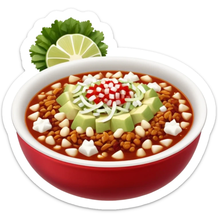 A delicious hot bowl of pozole rojo emoji. Steam rising. Hominy visible. Place the sides next to the bowl: chopped onions, shredded cabbage, lime wedges, red chile de arbol salsa, and full round tostadas sticker