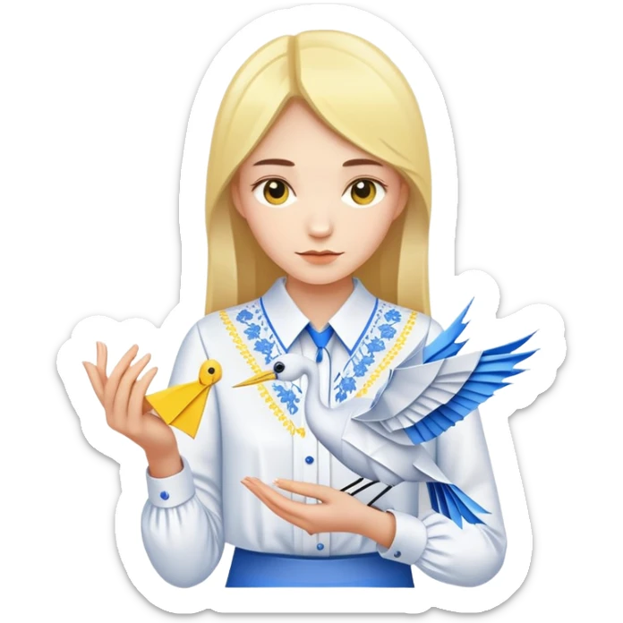 A Ukrainian young girl wearing a white embroidered shirt holds an origami yellow-blue crane sticker