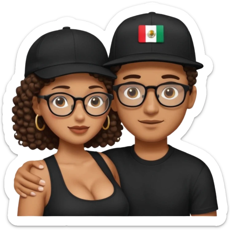A picture of an embracing tanned couple. the man is a Mexican man with tanned skin, with a bald hair cut wearing a SnapBack hat and a black shirt. the woman is mixed, she has curly longer dark brown hair, thicker and with big boobs and she has glasses sticker