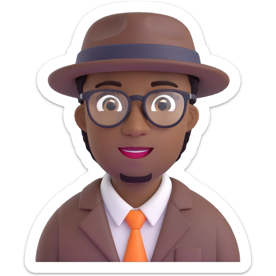 black man with glasses inspired by the main character from the movie Soul, wearing a hat, friendly expression sticker