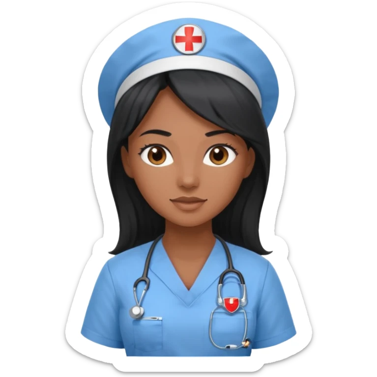pretty brown skin nurse with long black hair and brown eyes in light blue scrubs sticker