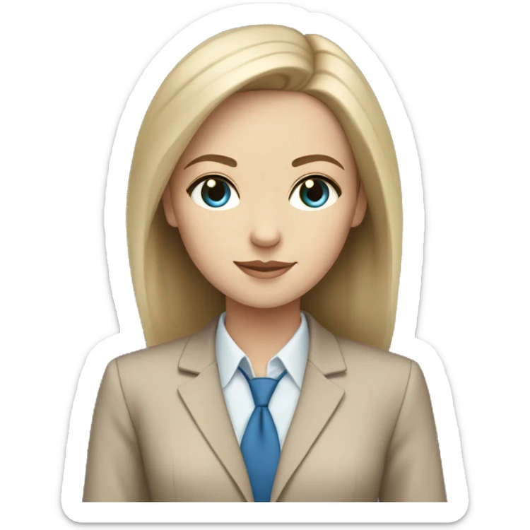 white girl with blue eyes and straight dark brown hair in a beige suit sticker