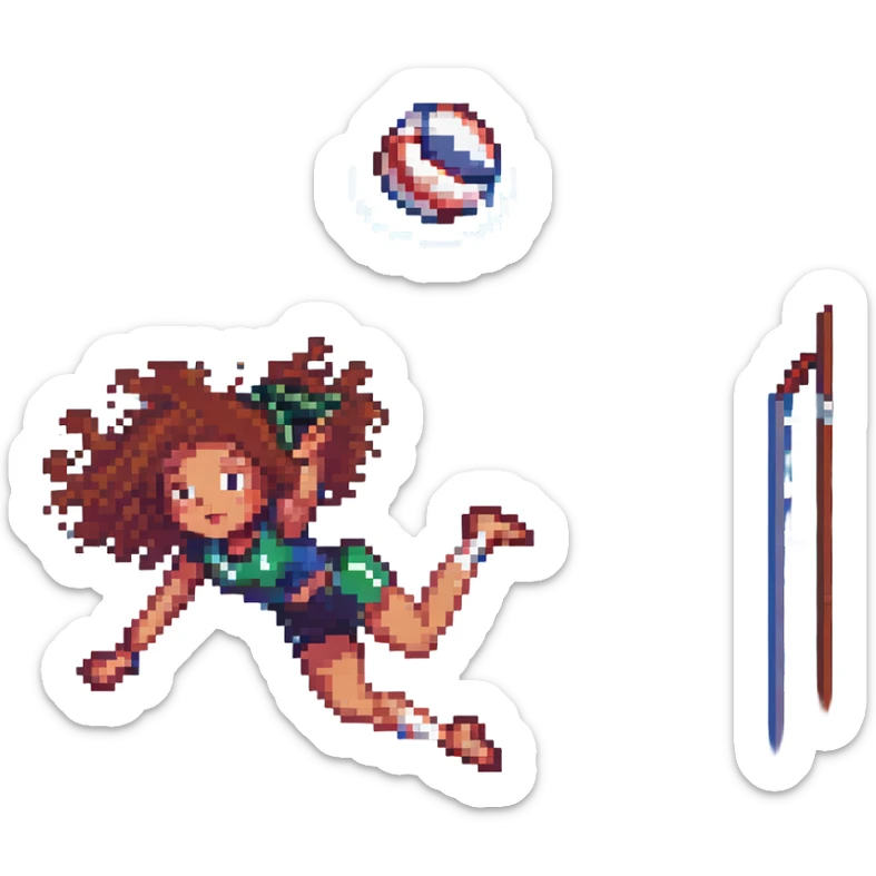 curly haired girl playing volleyball, diving for the ball, pixel art style sticker